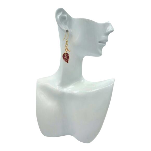 Burgundy Fall Leaf Earrings Autumn Jewelry Cozy Vibes - Picture 3 of 3